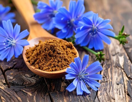 Chicory root powder in wooden spoon, surrounded by vibrant blue flowers