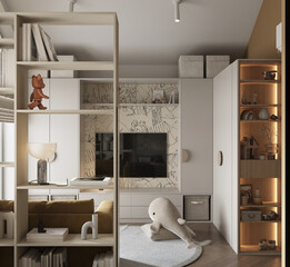 Cozy and stylish kids room with soft textiles, playful wall art and favorite toys. A warm and creative space for children to study, rest and dream