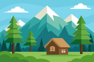 A cozy cartoon scene of a mountain forest with a log cabin vector illustration