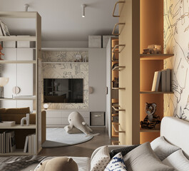 Cozy and stylish kids room with soft textiles, playful wall art and favorite toys. A warm and creative space for children to study, rest and dream