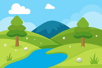 Obraz premium A cartoon illustration of a meadow with a small creek vector illustration