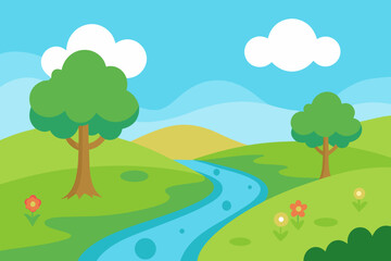 Fototapeta premium A serene cartoon scene of a meadow with a small creek vector illustration