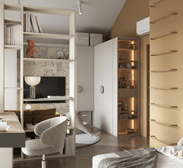 Cozy and stylish kids room with soft textiles, playful wall art and favorite toys. A warm and creative space for children to study, rest and dream