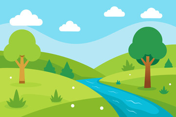 Obraz premium A simple cartoon of a meadow with a small creek vector illustration