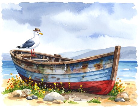 Watercolor painting of a weathered rowboat on a beach with a seagull