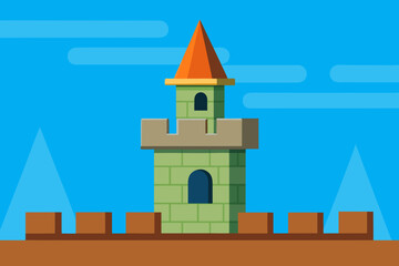 Fototapeta premium A cartoon medieval castle tower rooftop background vector illustration