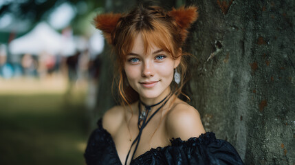 Fototapeta premium Outdoor cosplay portrait of fox girl with red ears, forest setting with soft background blur, natural light fantasy costume photo, playful expression and nature vibes