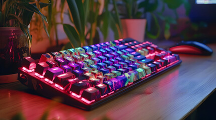 Custom mechanical keyboard with handcrafted artisan keycaps on wooden desk