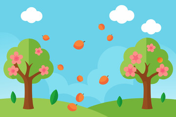 Fototapeta premium A serene cartoon scene of an orchard with falling blossoms vector illustration