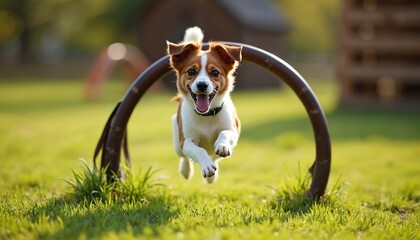 Energetic dog leaps joyfully through agility hoop on sunny day. Canine performs skill mid-air, exhibiting playful, enthusiastic action. Perfect for pet training, canine sports, happy outdoor