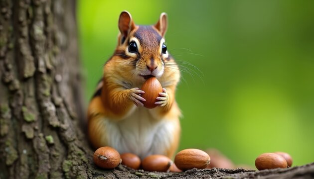 Cute chipmunk sits on tree branch holding nut in paws. Small furry rodent eats food in garden forest, green nature backdrop. Peaceful summer daylight scene. Curious wild animal, vibrant colors,