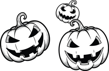 Halloween pumpkin set, spooky jack-o'-lanterns, cartoon illustration, scary faces, autumn decoration, vector art, festive design, holiday icon, celebration, sketch