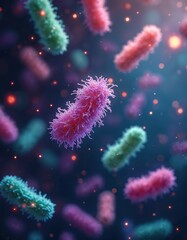 Microscopic view of diverse bacteria in human microbiome. Colorful, glowing particles surround rod-shaped microbes in shades of pink, green, purple. Illustrates gut health, digestion, scientific