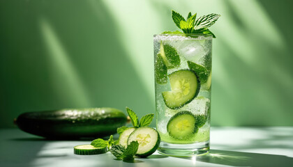 Tall glass of cucumber mint cocktail with ice, bubbles, and fresh mint leaves. Sliced cucumber in drink. Whole cucumber and slices nearby. Refreshing summer beverage for parties or bars.