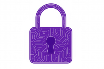 Digital security symbolized by a purple padlock with an internal circuit board pattern on a clear background