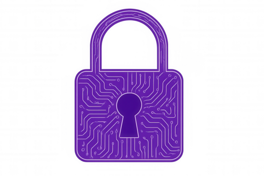 Digital security symbolized by a purple padlock with an internal circuit board pattern on a clear background