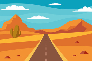 A scenic cartoon background of an open road highway in the desert vector illustration