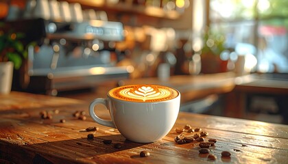 Latte art on a wooden counter in a cafe