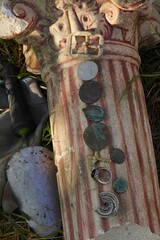 Historical Discovery. Treasure Finds with Metal Detector. Ancient Coins and Gold Items.