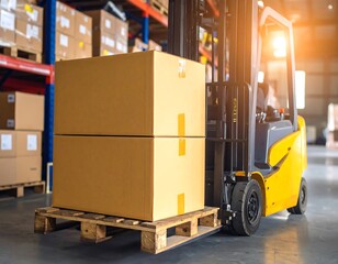 Forklift carrying stacked cardboard boxes on a pallet in a warehouse