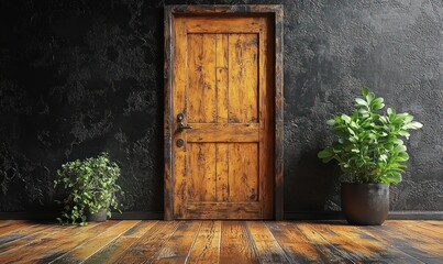 Rustic wooden door in a dark room with plants