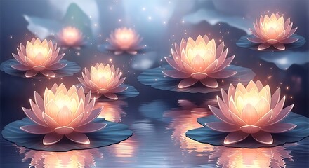 Enchanting glowing lotus flowers floating on a serene pond at twilight with magical sparkles