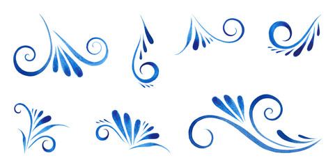 Set of watercolor blue swirls. Calligraphic design and page layout elements, patterns, decorations, designs, frames, borders, ornament.