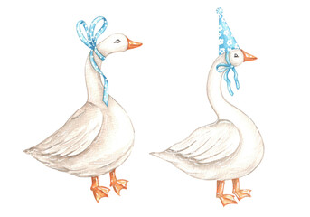 Cute geese set of watercolor illustrations. Goose with a cap. Goose with a bow. Illustrations are isolated. Blue. Birthday, Baby shower, Nesting party. For printing on fabric, cards, stickers, dishes