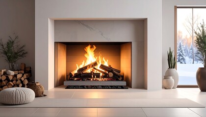 Modern fireplace with burning wood, winter view