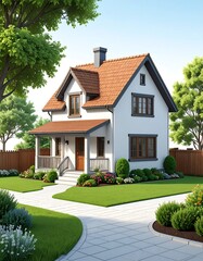 Charming, white house with terracotta roof, on landscaped lot