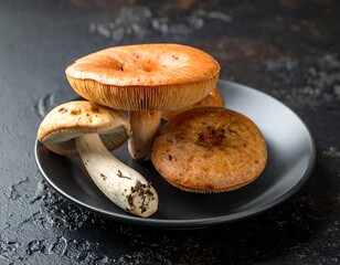 Fresh mushrooms on dark plate