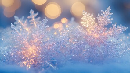 Copos de nieve en forma de estrellas, bien definidas, escarchadas, agrupadas sobre la nieve al atardecer, recogiendo la gama de colores de rosas a azules, fondo destellos luz ideal para tarjeta postal