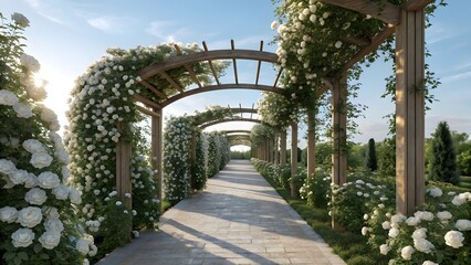 Fototapeta premium Beautiful Rose Covered Pergola Path in a Scenic Garden Landscape