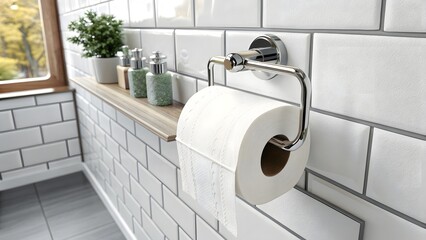 Clean bathroom interior with white subway tile and toilet paper holder