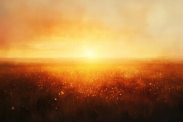 Obraz premium Golden sunset over a vast field of wildflowers, bathed in warm, hazy light.