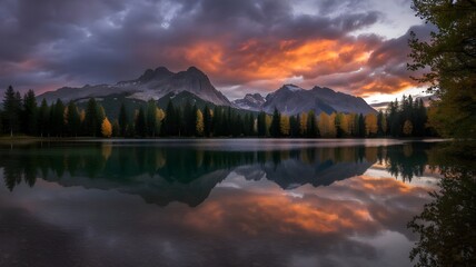 Dramatic mountain landscape at sunset with vibrant colorful clouds reflecting in a serene lake surrounded by a dense forest