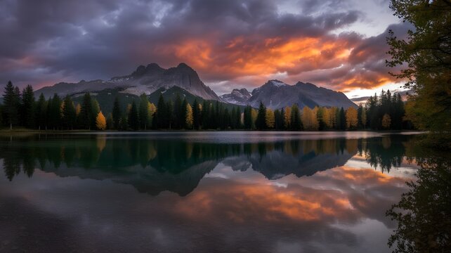 Dramatic mountain landscape at sunset with vibrant colorful clouds reflecting in a serene lake surrounded by a dense forest