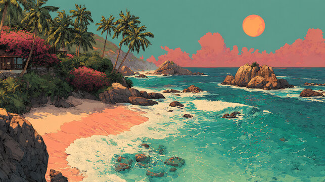 Dreamy tropical paradise digital illustration lush island scenery sun sand ocean view for hotel or resort promotional concept vibrant and inviting