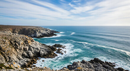 A scenic view of a rocky coastline with crashing waves under a partly cloudy sky on a sunny day ai generated