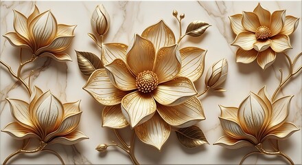 Luxurious golden lotus flowers with intricate details on a marble background