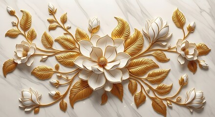 Elegant golden floral arrangement with white flowers on marble background