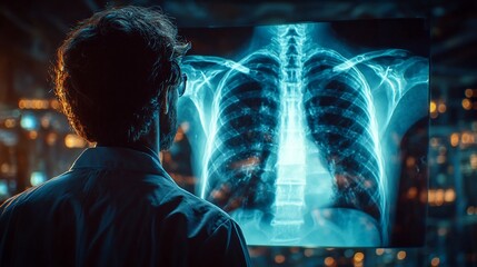 Radiologist cropped torso only reviewing X ray film illuminated screen face not visible