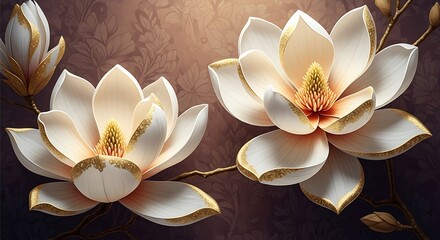 Two delicate white magnolia flowers with gold accents on textured background