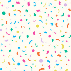 Seamless confetti background. Colorful party pattern. Birthday celebration backdrop. Fun party print. Holiday decorative wrapping. Paper streamers and dots