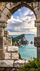 Coastal view through an archway