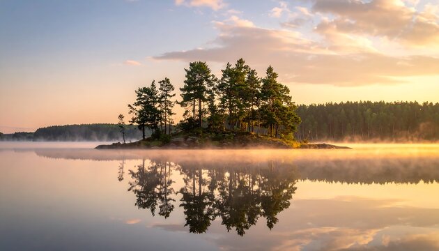 Misty sunrise over a tranquil lake with a small island