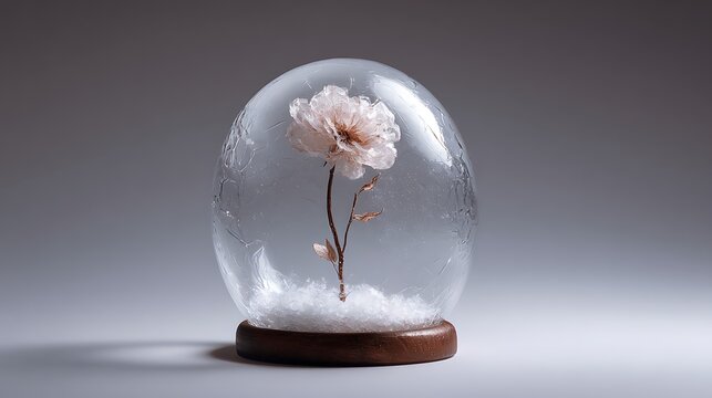 Delicate pink flower preserved inside a clear glass dome on a wooden base - Powered by Adobe