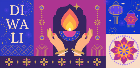Diwali festival banner,card with symbols of holiday-mandala, hands with candle and fire, lanterns.Template design for web, social media, poster.Diwali festival with Rangoli decoration with Diya.Vector