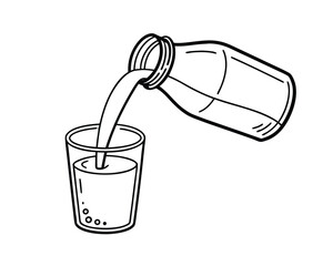 Illustrated Pouring Bottle Filling Glass Drink Refreshment Black and White Simple Design Icon Minimalist Style Nutrition Illustration Clean Line Art