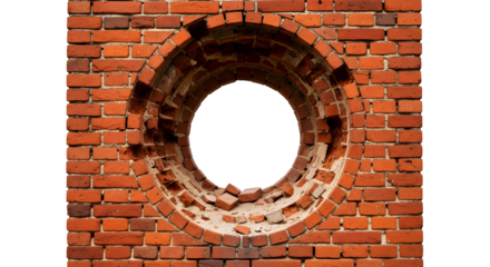 Circular opening in an aged red brick wall with chipped edges and white background